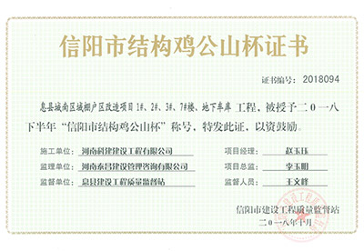 “息縣城南區(qū)域棚戶區(qū)改造項(xiàng)目1#、2#、3#、7#樓、地下車庫工程”被授予2018下半年“信陽市結(jié)構(gòu)雞公山杯”稱號(hào)