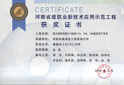 “恒大綠洲項目A10地塊17#、18#、19#樓及地下車庫工程”榮獲“河南省建筑業(yè)新技術應用示范工程”金獎