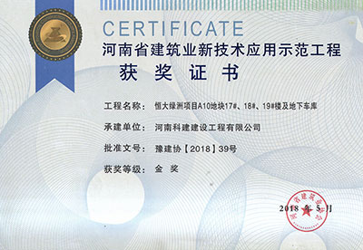 “恒大綠洲項目A10地塊17#、18#、19#樓及地下車庫工程”榮獲“河南省建筑業(yè)新技術應用示范工程”金獎